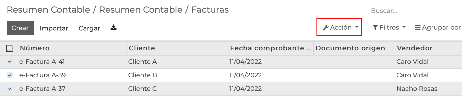 Imagen 3: Selección de facturas y menú Acción Imagen 3: Selección de facturas y menú Acción