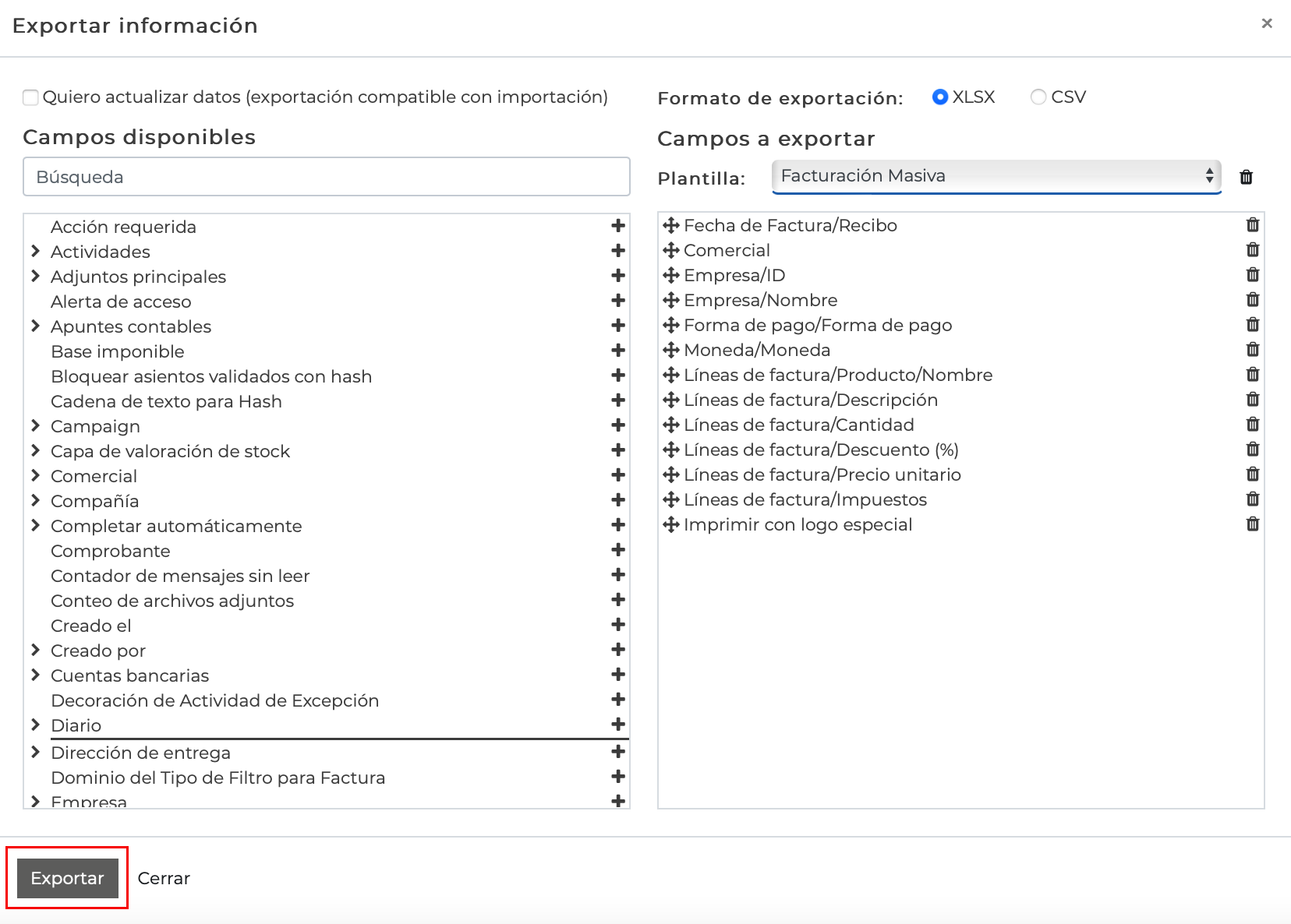 Imagen 6: Exportar con plantilla de Facturación Masiva Imagen 6: Exportar con plantilla de Facturación Masiva