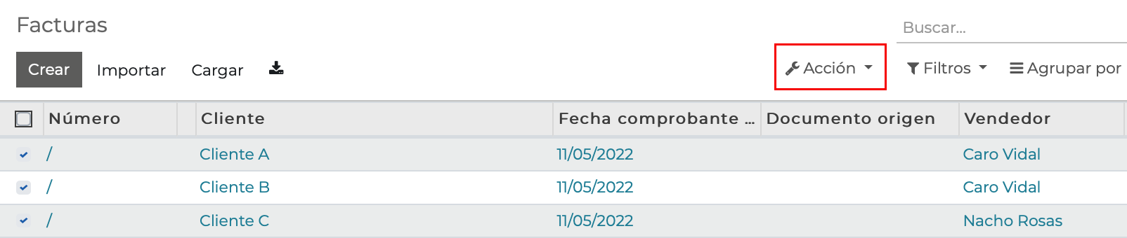 Imagen 14: Selección de facturas en borrador y clic en opción de menú Acción Imagen 14: Selección de facturas en borrador y clic en opción de menú Acción